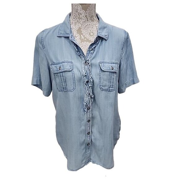 Talbots Blue Chambray 100% Lyocell Button Down Short Sleeve Shirt Medium - Picture 1 of 7